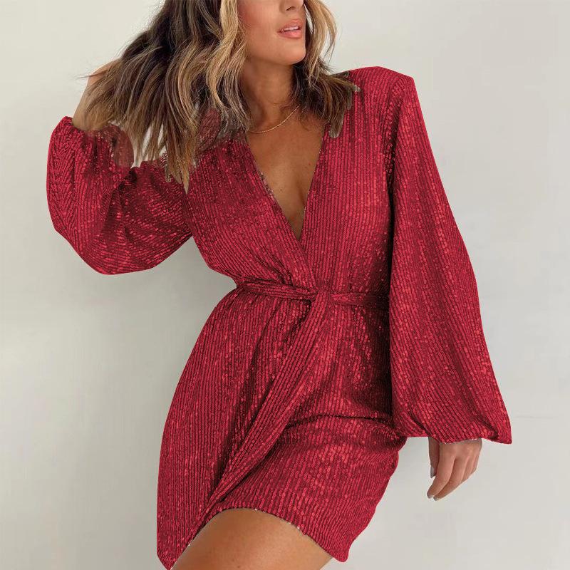 Holiday Party Fashion Sequin Long Sleeve Dress Jumpsuit