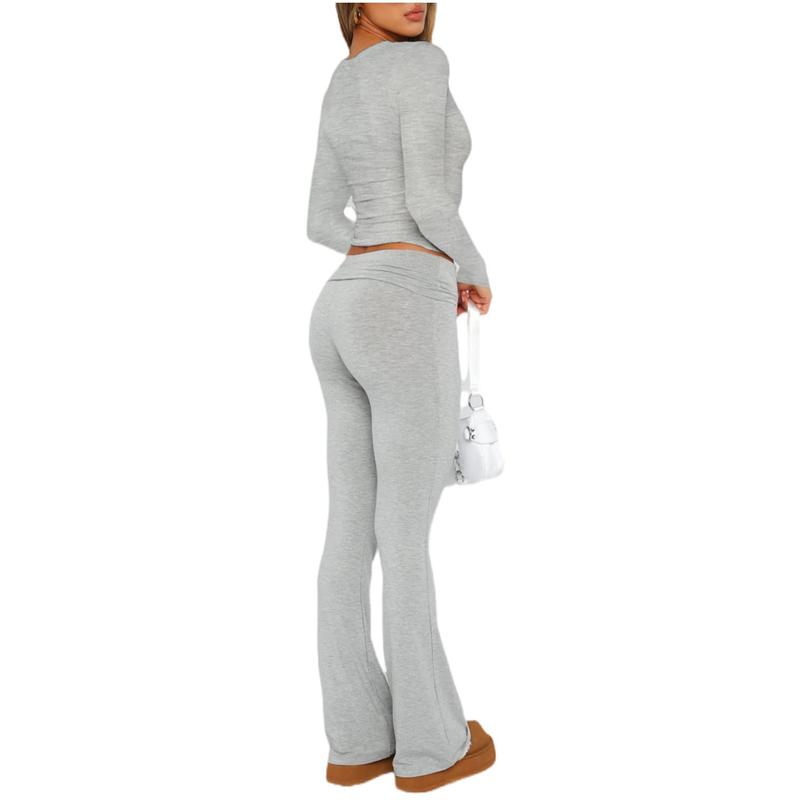 Women's 2 Piece Outfits Lounge Sets Ruched Long Sleeve Tops and High Waisted Wide Leg Pants Tracksuit Sets