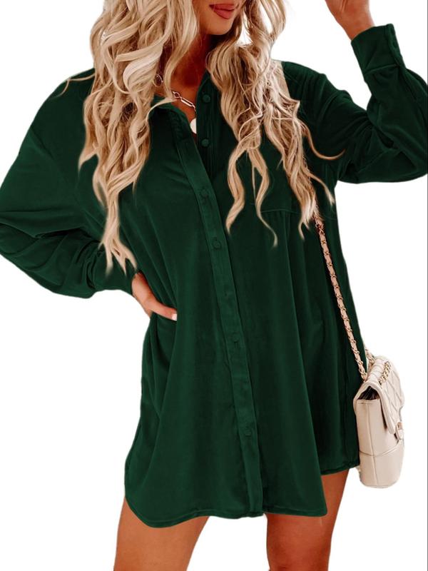 Women's Button Front Pocket Shirt Velvet Dress, Casual Drop Shoulder Long Sleeve Collared Mini  Dress for Daily Wear, Ladies Clothes for All Seasons