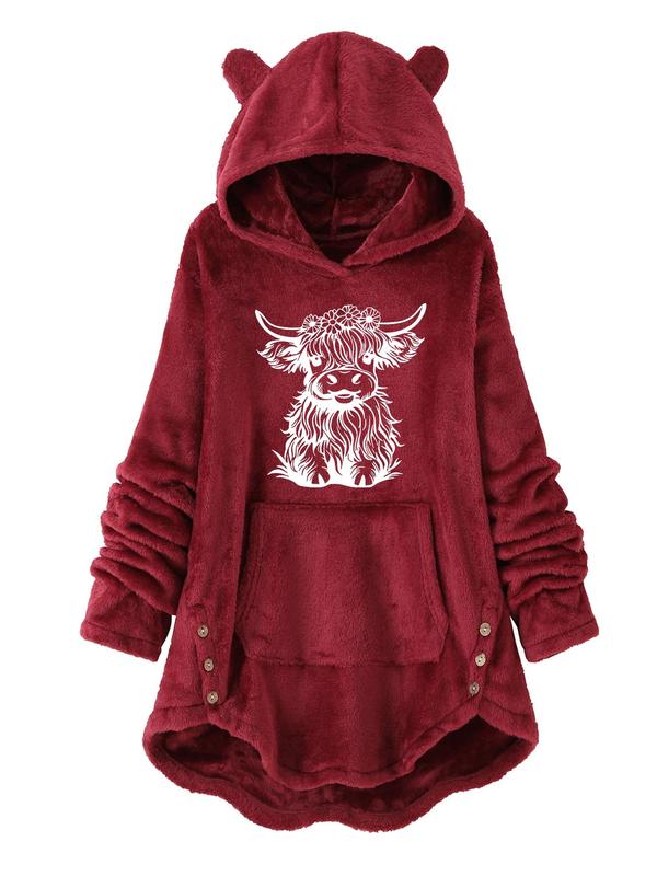 Women's Cartoon Highland Cow Print Button Front Hooded Sweatshirt, Casual Long Sleeve Pocket Design Hoodie for Fall & Winter, Women's Clothes for Daily Wear