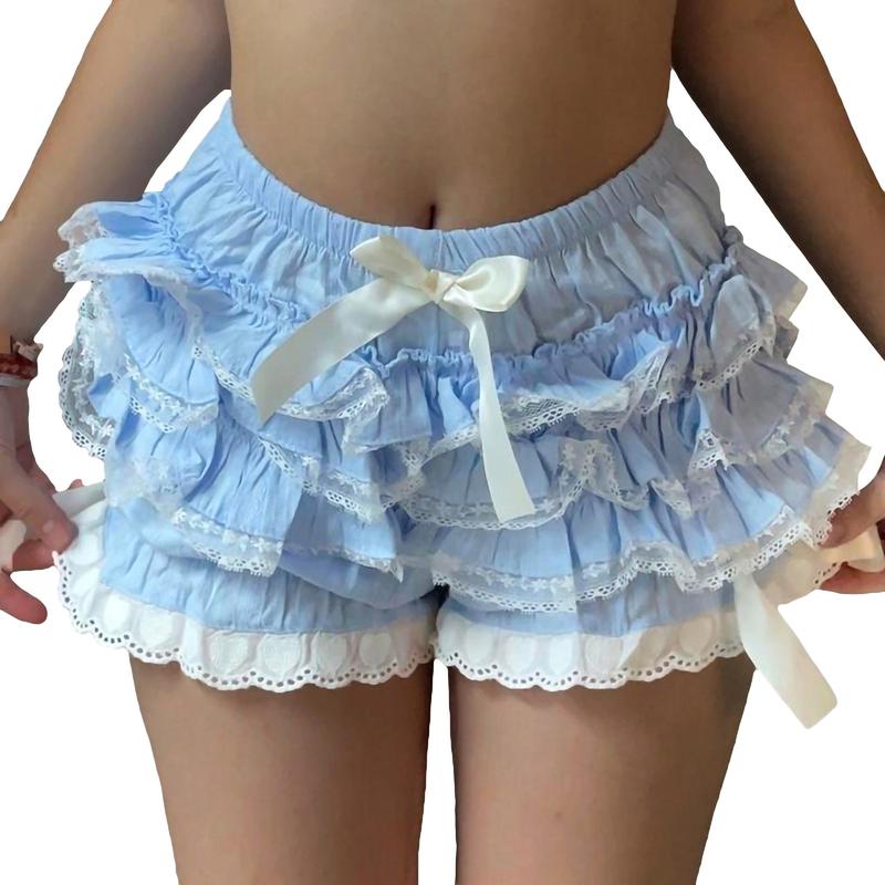 Women Y2k Lolita Bloomers Ruffle Pumpkin Panties Bottom Lace Trim Layered High Waist Shorts Pettipants Lounge Homewear Streetwear