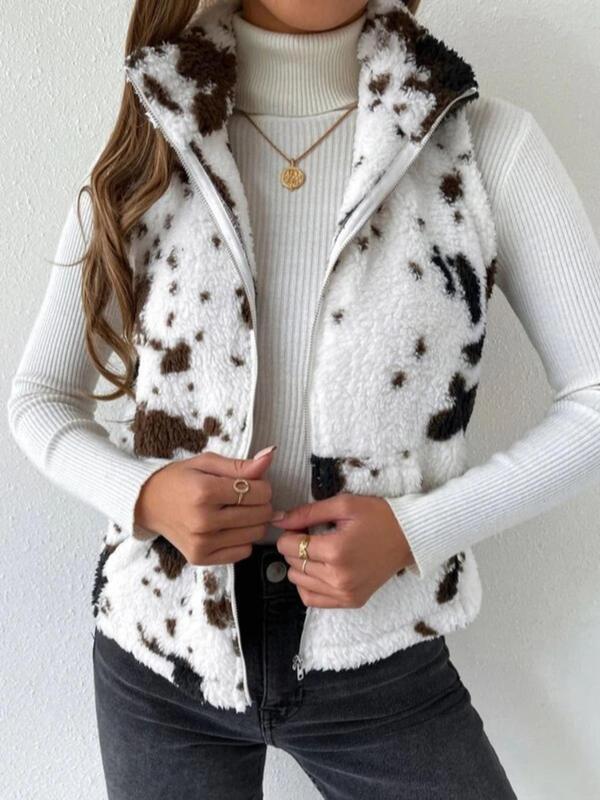 Women's Cow Print Zip Up Plush Gilet, Casual Pocket Collared High Neck Vest Outerwear for Fall & Winter, Winter Clothes Women, Clothing Tops for Lady Daily Wear, Going Out Outfits 2024, Fall Outfits