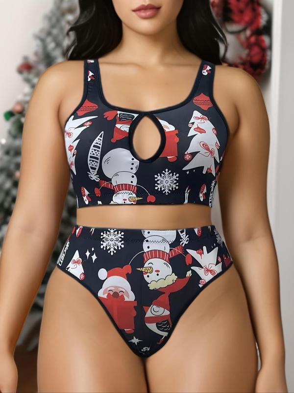  Christmas Print Cut Out Bra & Panty Underwear Set, Casual Comfy Scoop Neck Bralette & Panty Set, Women's Underwear Set for All Seasons