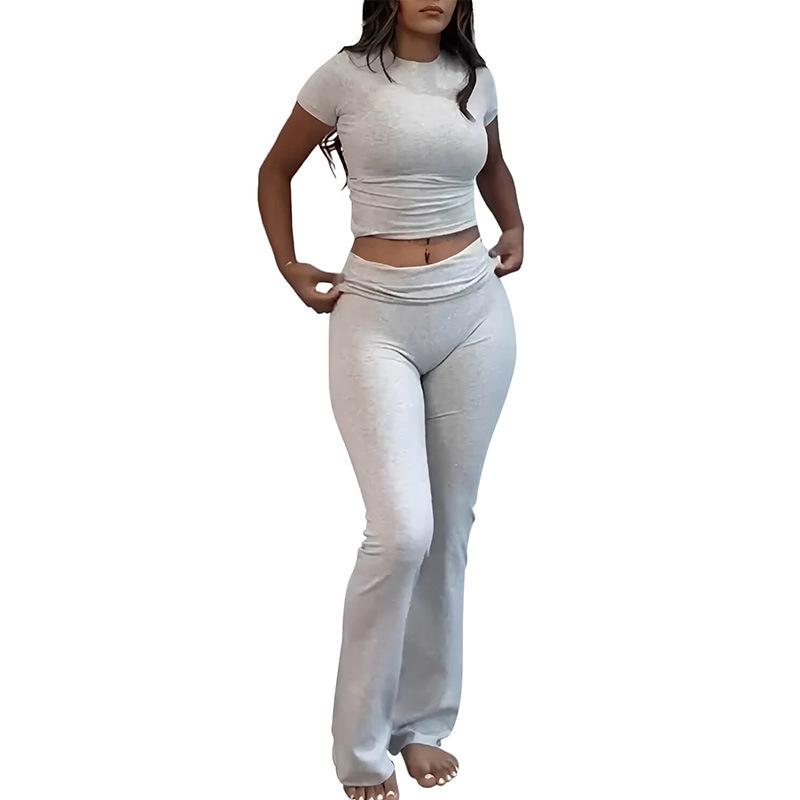 Casual Workout Women's Two-Piece Crew Neck T-shirt Low Waist Bell-Bottom Pants Sportswear Suit