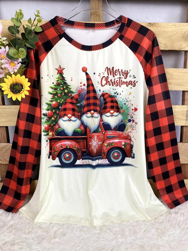  Christmas Tree & Santa Print Round Neck Tee, Casual Long Sleeve Crew Neck T-shirt for Spring & Fall, Women's Clothing for Daily Wear