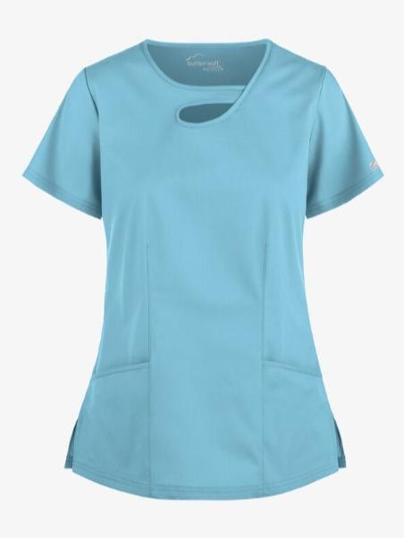 Women's Butter-Soft Stretch Scrub Top with 2 Pockets and Asymmetric Keyhole Design - Clothing, Womenswear