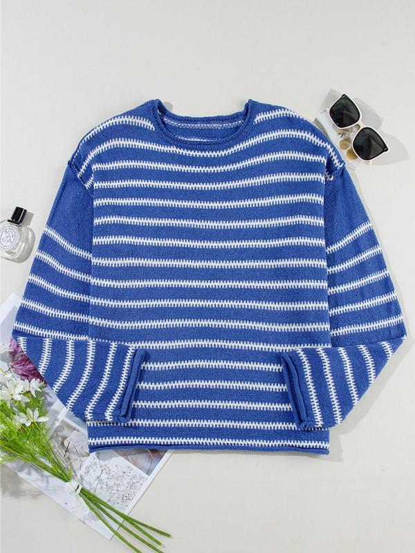 Women's Striped Print Drop Shoulder Sweater, Casual Long Sleeve Round Neck Jumper for Spring & Fall, Fashion Women's Knitwear for Daily Wear