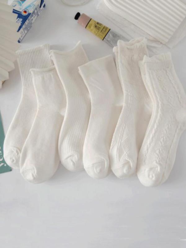 Women's 6 Pairs Solid Jacquard Crew Socks, Fashion Casual Basic Cozy Socks for Daily Wear, Women Socks for All Seasons