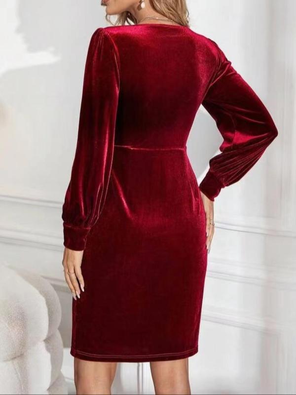 Women's Velvet Bodycon Dress, Elegant Bishop Sleeve Sweetheart Neck Split Hem Dress for Party Dating Wear, Ladies Clothes for All Seasons