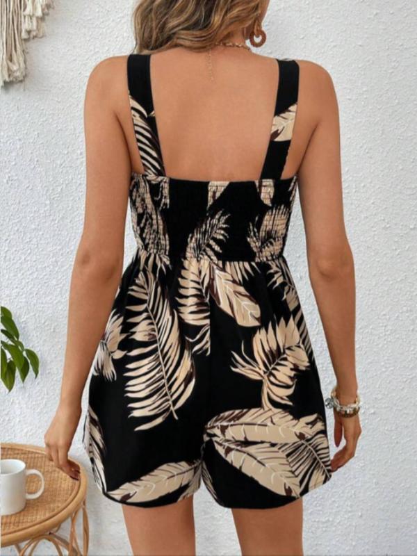 Women's Leaf Print Shirred Wide Leg Vintage Romper, Boho Sleeveless High Waist Romper for Beach Vacation Holiday, Ladies Clothes for All Seasons