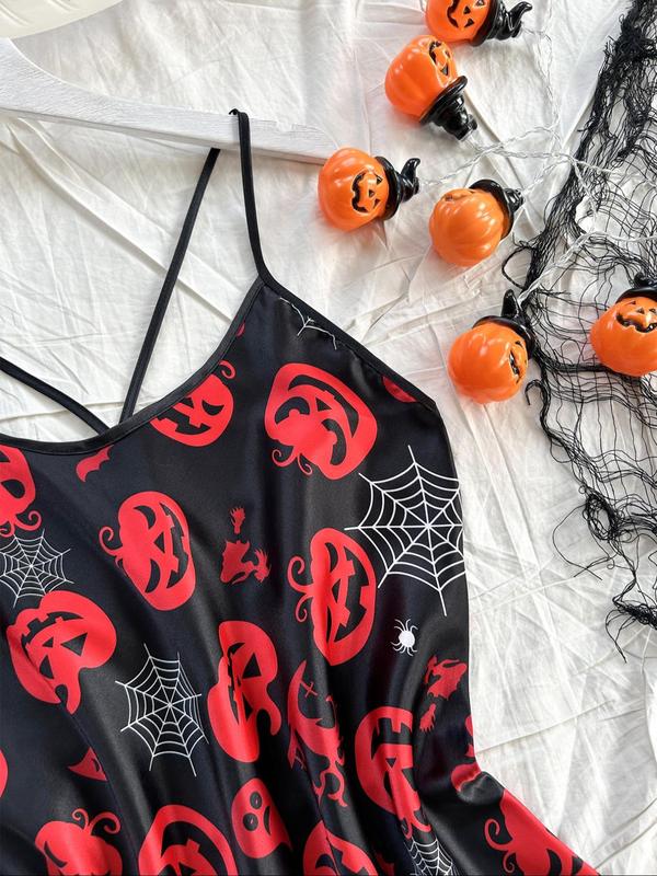 Women's All Over Pumpkin Print Cami Nightdress, Casual Soft Comfortable Halloween Criss Cross Backless Nightgown for All Seasons, Nightwear Sets, Fashion Ladies' Sleepwear for Daily Wear, Halloween Pajamas, Homecoming Dresses 2024