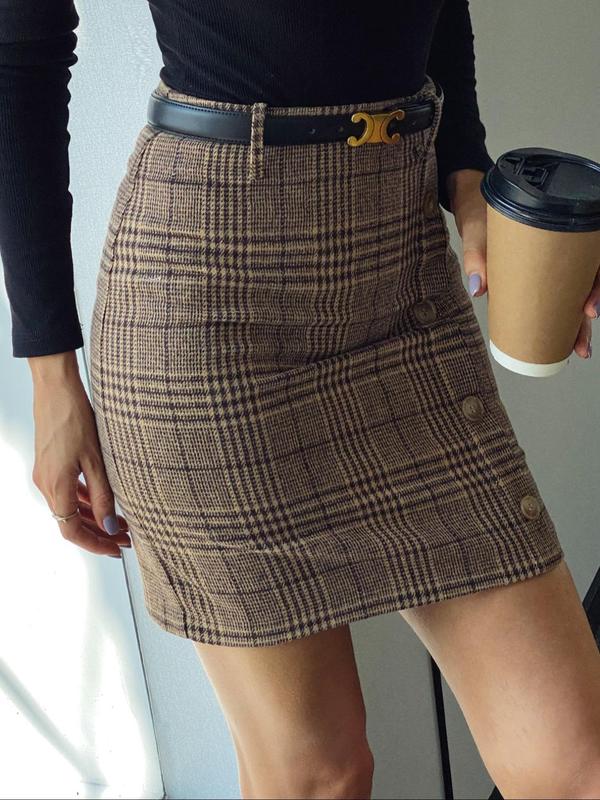 Women's Plaid Print Fake Buttons Skirt Without Belt, High Waist Bodycon Short Skirt For Spring, Women's Bottoms For Work Office Outdoor Wear