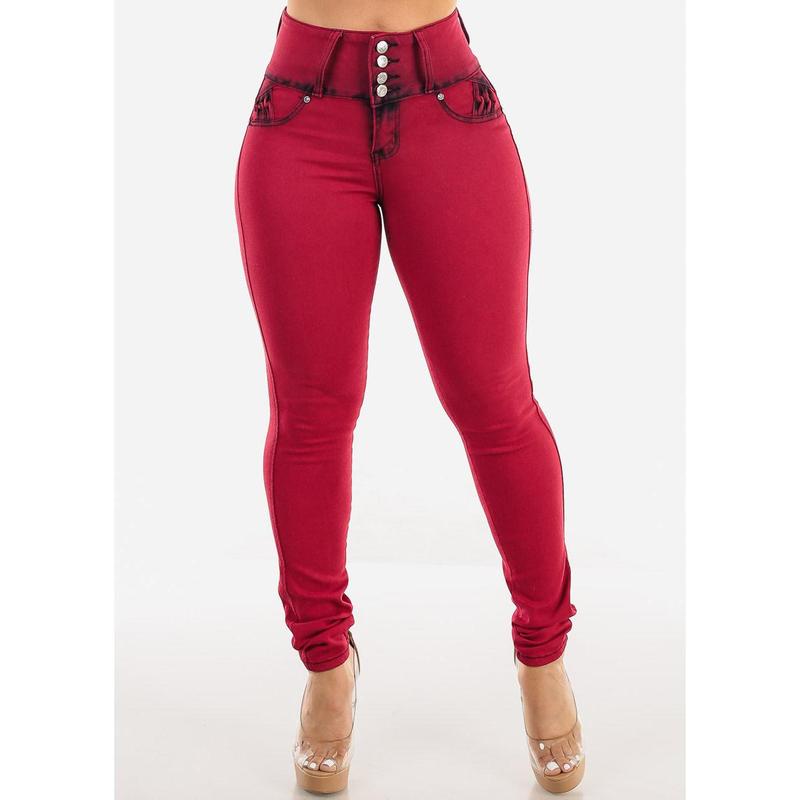 Butt Lift High Waist Red Acid Wash Skinny Jeans