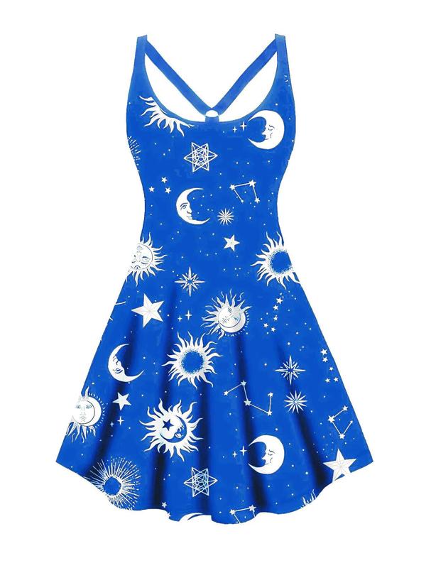 Women's Moon & Star Print Cut Out Backless Scoop Neck Tank Dress, Elegant Ring Linked A Line Short Dress for Vacation Holiday Party, Summer Outfits, Ladies Summer Dress, Womenswear