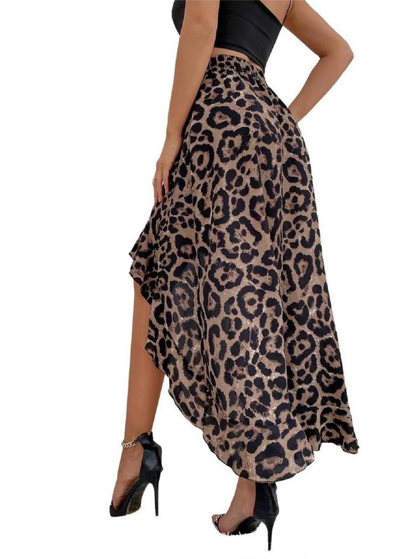 Women's Leopard Print High Low Ruffle Hem Skirt, Casual Elastic Waist A Line Skirt, Summer Clothes Women, Women's Bottoms