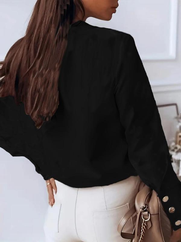 Women's Plain Button Front Blouse, Elegant Long Sleeve Stand Collar Top for Fall & Winter, Women's Clothing for Daily Wear