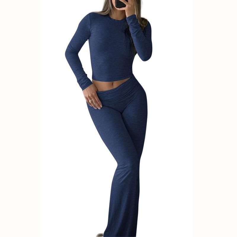 Women's 2 Piece Outfits Lounge Sets Ruched Long Sleeve Tops and High Waisted Wide Leg Pants Tracksuit Sets