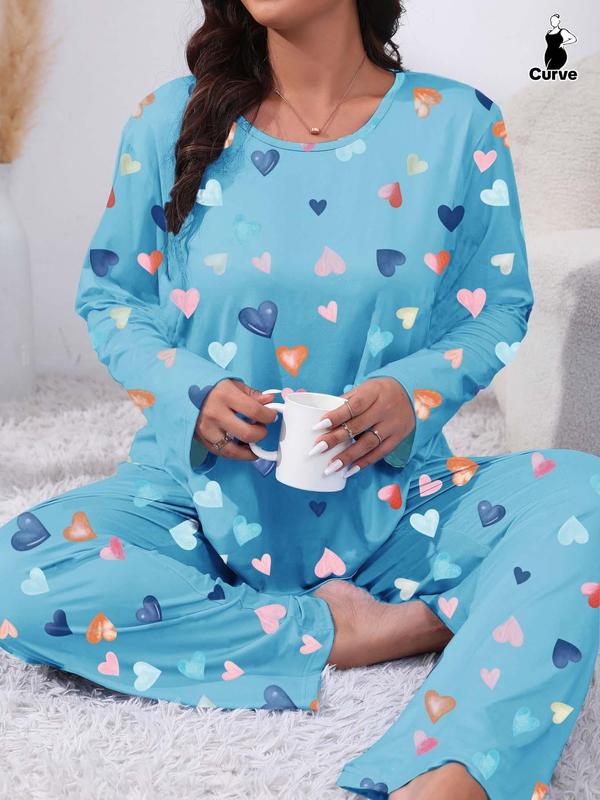 Two-Piece Set Plus Size Heart Print Pyjama Lounge Set, Casual Long Sleeve Tee & Pants, Women's Plus Sleepwear & Homewear for Spring & Fall, Fall Wear, Fallfreshness