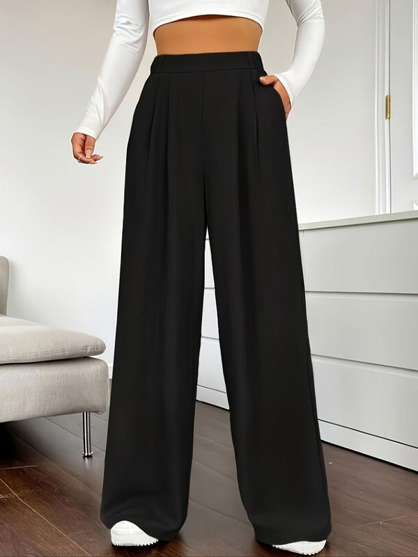 Women's Solid Pocket Elastic Waist Wide Leg Pants, Casual Comfy Trousers for Daily Wear, Ladies Bottoms for All Seasons