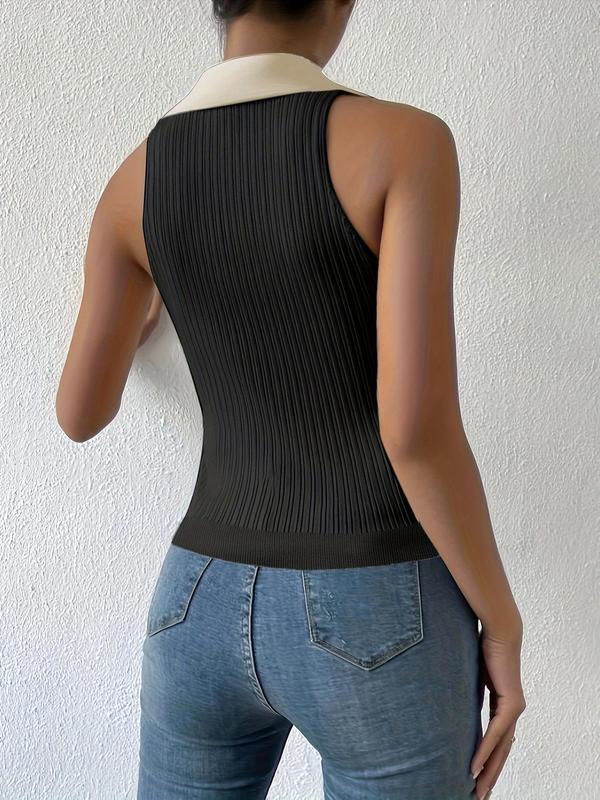 Women's Colorblock V Neck Collared Sweater Vest, Summer Clothes Women, Casual Sleeveless Knitwear for Summer, Crochet Tops, Knit Tank Top, Back To School Outfits, Going Out Tops, Women's Knit Clothing for Daily Wear Downtown Girl Clothes