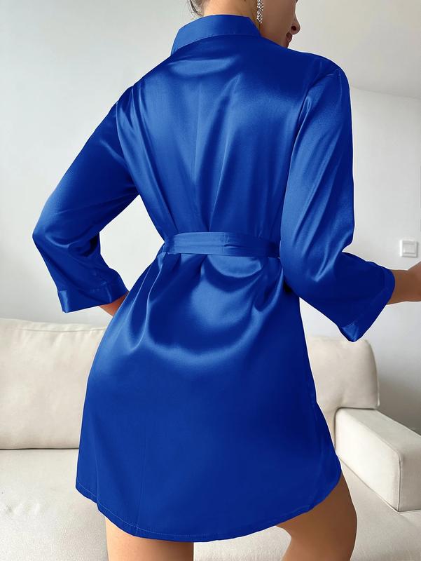 Solid Satin Night Robe Long Sleeve V Neck Robe With Belt Women's Sleepwear