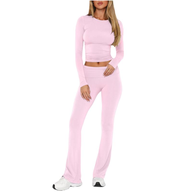 Women's 2 Piece Outfits Lounge Sets Ruched Long Sleeve Tops and High Waisted Wide Leg Pants Tracksuit Sets