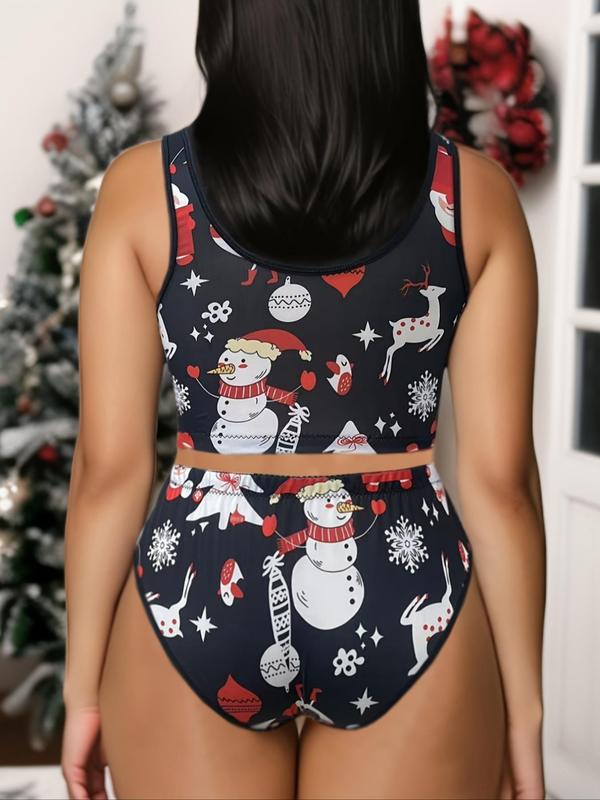  Christmas Print Cut Out Bra & Panty Underwear Set, Casual Comfy Scoop Neck Bralette & Panty Set, Women's Underwear Set for All Seasons