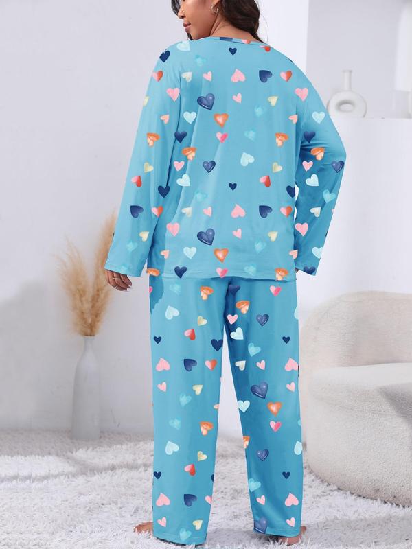 Two-Piece Set Plus Size Heart Print Pyjama Lounge Set, Casual Long Sleeve Tee & Pants, Women's Plus Sleepwear & Homewear for Spring & Fall, Fall Wear, Fallfreshness