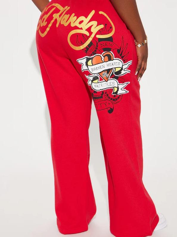 Broken Hearts Ed Hardy Wide Leg Pant - Red