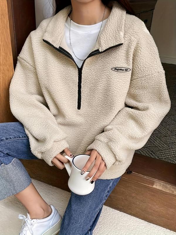 Women's Letter Patched Half Zip Fuzzy Sweatshirt, Casual Long Sleeve Drop Shoulder Pullover for Fall, Fall Outfits, Lady Clothes for Daily Womenswear Downtown Girl Clothes