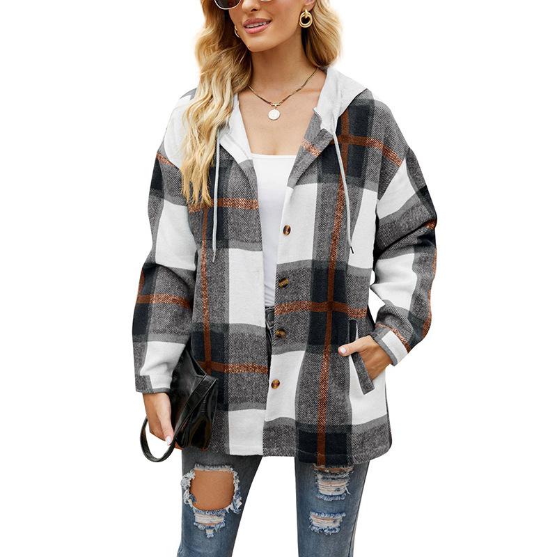 2024 Women's Autumn and Winter New Women's Plaid Coat Hooded Casual Loose Shirt