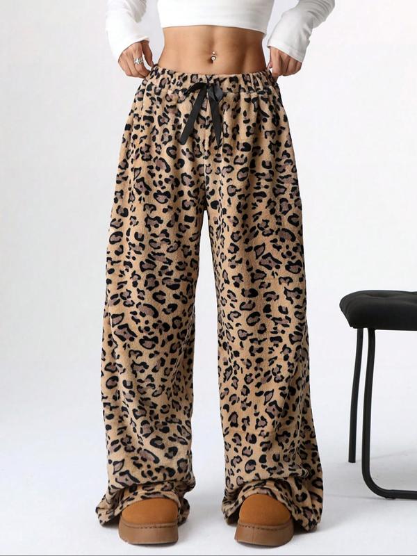 Women's Leopard Print Bow Decor Plush Wide Leg Pants, Casual Comfy Elastic Waist Trousers for Fall & Winter, Women's Bottoms for Daily Wear