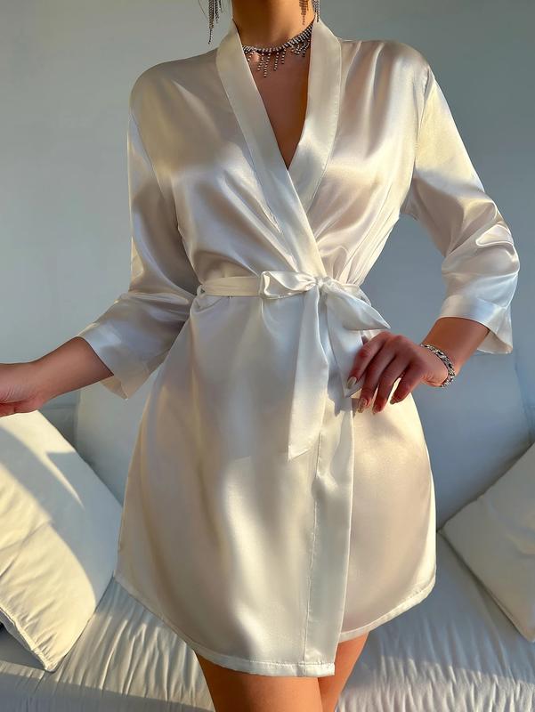 Solid Satin Night Robe Long Sleeve V Neck Robe With Belt Women's Sleepwear