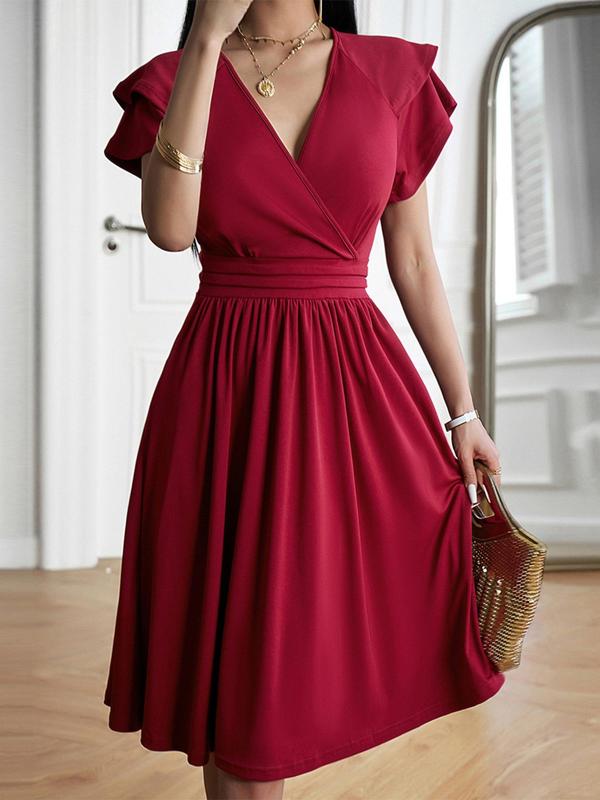 Women's Plain Butterfly Sleeve V Neck A Line Dress, Elegant Short Sleeve Midi Dress for Party Holiday Wedding Guest, Ladies Clothes for All Seasons