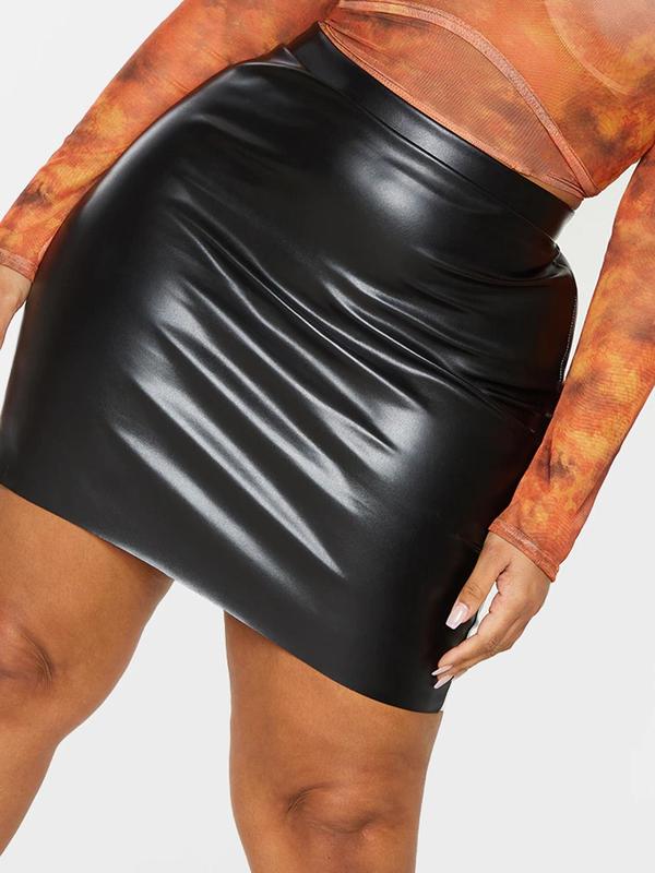  Solid Color PU Leather Skirt, Fashionable High Waist Bodycon Skirt for Party Club Dating, Women's Clothing for Summer