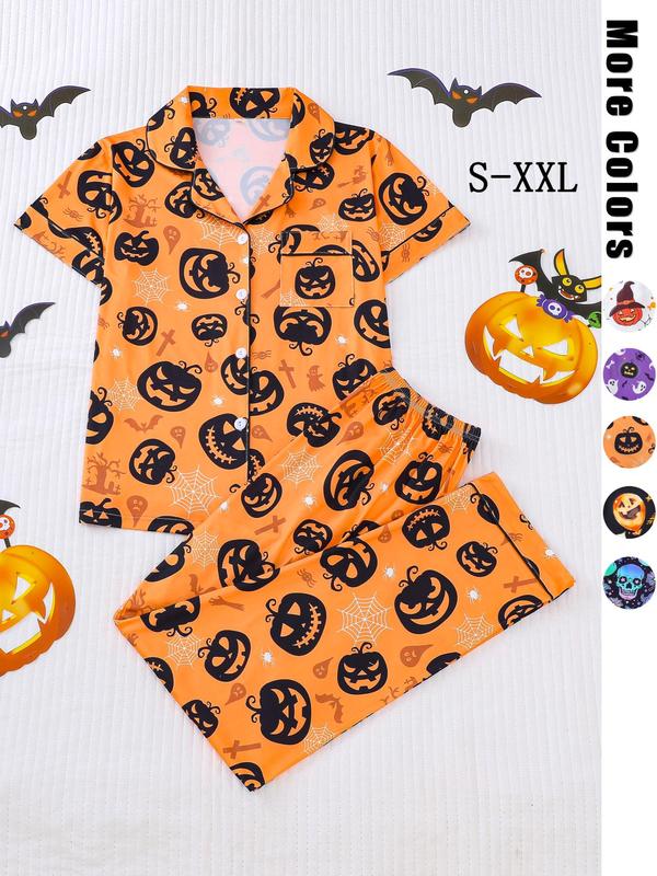 Christmas Collection Two-Piece Set Women's Pajama Set, Fall Clothes, Halloween Ghost & Pumpkin Print Button Front Shirt & Elastic Waist Pants PJ Set, Matching Halloween Pajamas, Christmas Pajamas, Ladies Sleepwear for Fall, Birthday Gifts