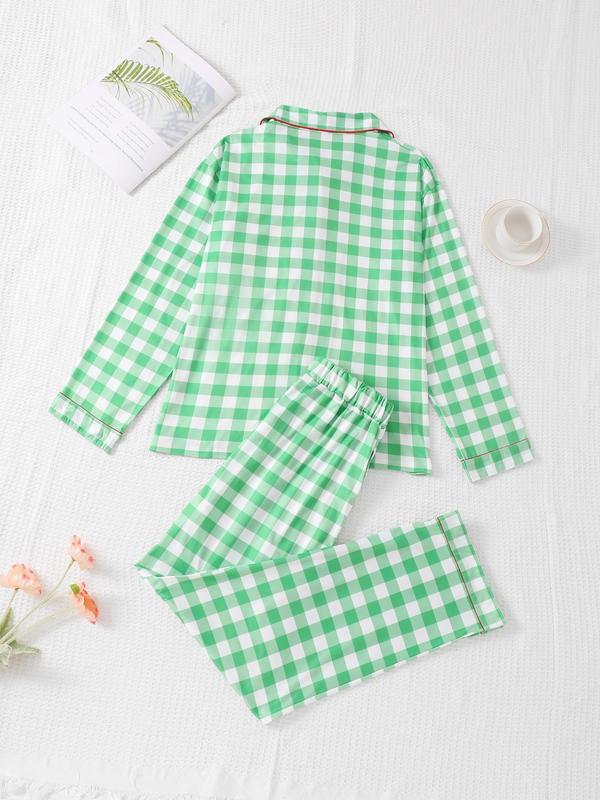 Christmas Two-Piece Set Women's Plaid Print Lapel Neck Pajama, Long Sleeve Button Up Top & Elastic Waist Pants PJ Set, Women's Sleepwear for Spring & Fall