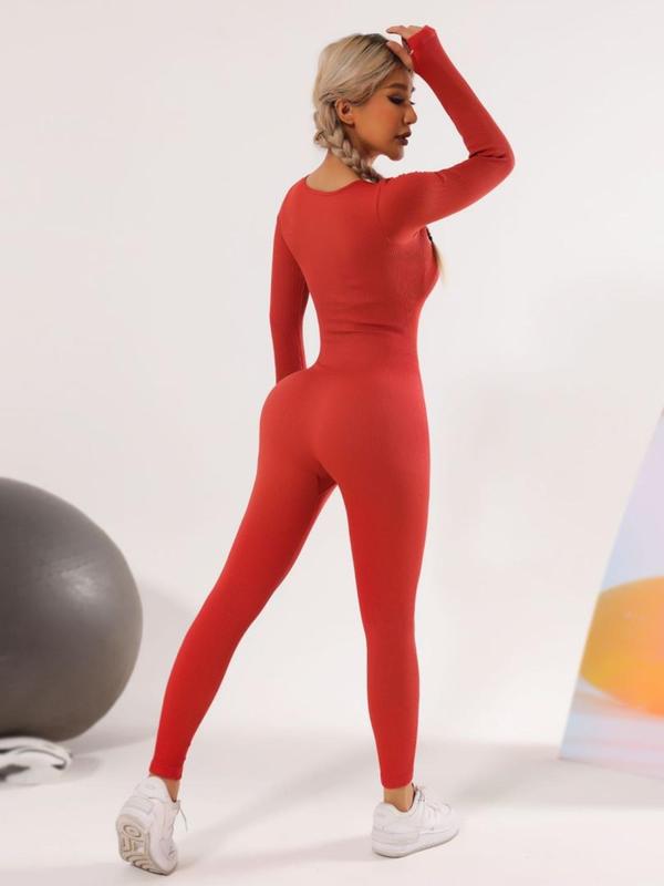 Women's Solid Square Neck Long Sleeve Jumpsuit, Lady High Stretch Seamless Bodycon Shapewear Clothes for Tummy Control Butt Lifting, Summer Sports Activities