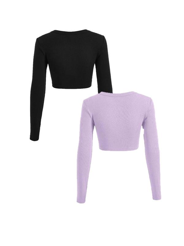 Women's Square Neck Long Sleeve Crop Tee, Casual Plain Ribbed T-shirt For Spring & Fall, Women's Clothes For Daily Wear