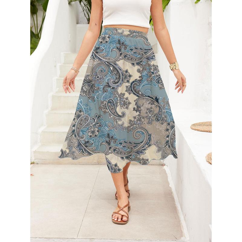 Cashew Flower Print Midi Aline Skirt, Elegant & Versatile Mid Waist Skirt For Spring & Summer, Women's Clothing