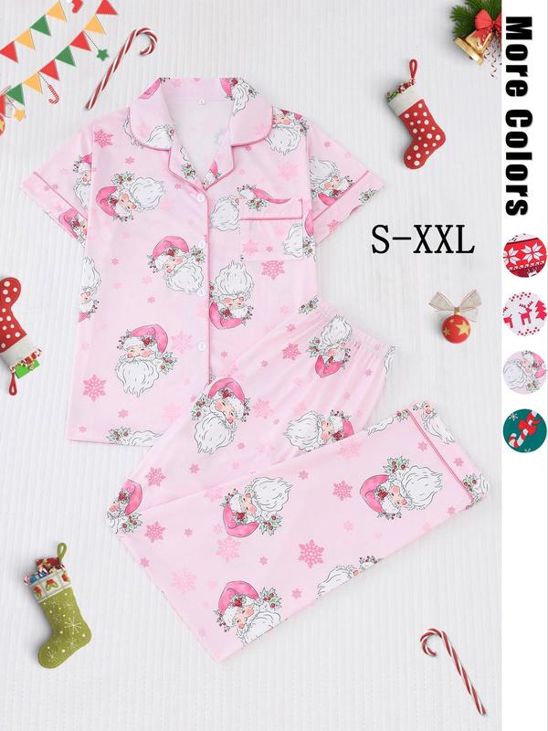 Christmas Collection Two-Piece Set Women's Pajama Set, Fall Clothes, Halloween Ghost & Pumpkin Print Button Front Shirt & Elastic Waist Pants PJ Set, Matching Halloween Pajamas, Christmas Pajamas, Ladies Sleepwear for Fall, Birthday Gifts