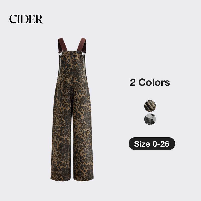 Cider [2 colors, size 0-26] Oversized Denim Leopard Pocket Buckle Up Wide Leg Overall Jumpsuit