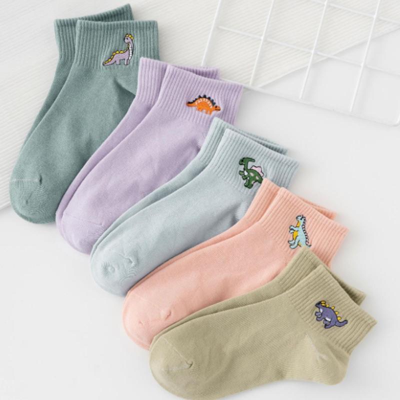 5pairs Women Dinosaur Embroidery Casual Crew Socks for Daily Life - Ankle Socks - Womenswear