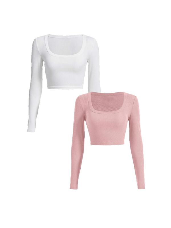 Women's Square Neck Long Sleeve Crop Tee, Casual Plain Ribbed T-shirt For Spring & Fall, Women's Clothes For Daily Wear