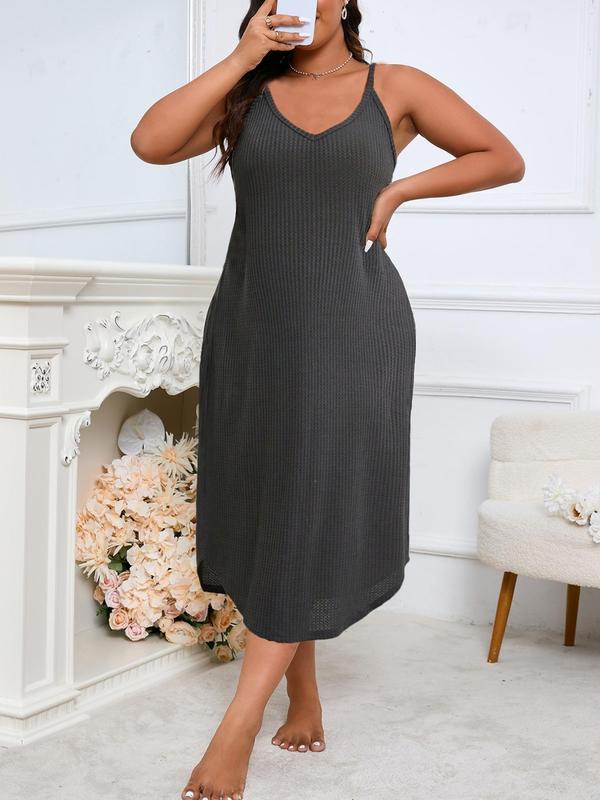  Solid Color Ribbed Cami Lounge Dress, Casual Comfy Sleeveless Spaghetti Strap Midi Dress for Daily Wear, Women's Sleepwear for All Seasons