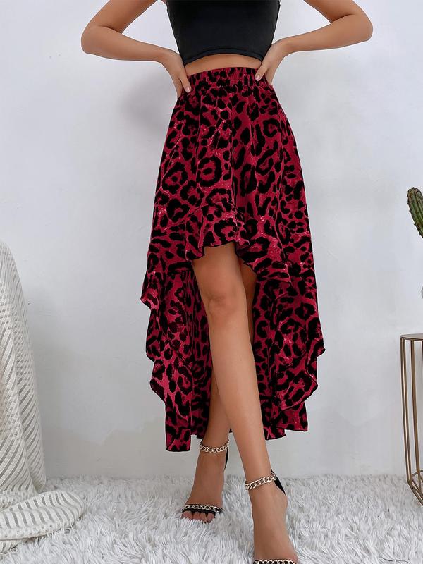 Women's Leopard Print High Low Ruffle Hem Skirt, Casual Elastic Waist A Line Skirt, Summer Clothes Women, Women's Bottoms