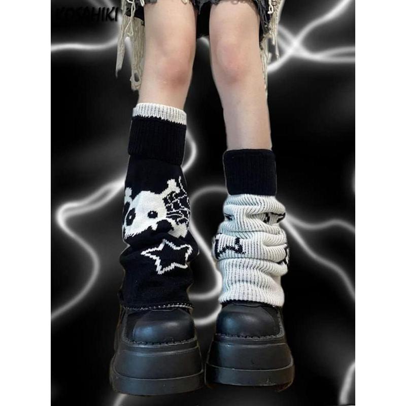 Y2k Star Skull Print Two Side Wear Knitted Leg Warmers Socks Punk Girls Japanese Kawaii Streetwear Leg Cover