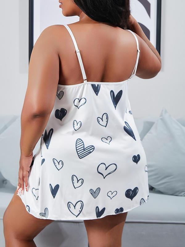 Women's Plus Size Heart Print Lace Trim Split Cami Nightdress, Night Gown for Women, House Dress for Women, Casual Comfy Spaghetti Strap Sweetheart Neck Nightgown, Summer Clothes Women, Lady Sleepwear & Homewear