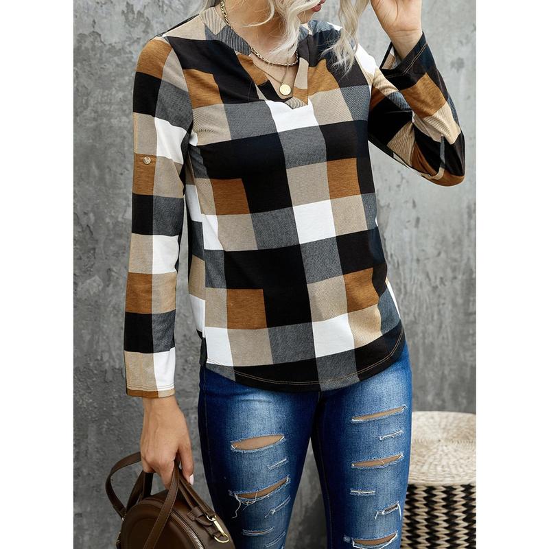 Dokotoo Womens Basic Casual V Neck Plaid Print Cotton Cuffed Long Sleeve Work Tops Blouses Shirts