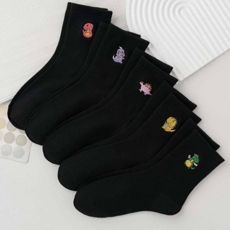 5pairs Women Dinosaur Embroidery Casual Crew Socks for Daily Life - Ankle Socks - Womenswear